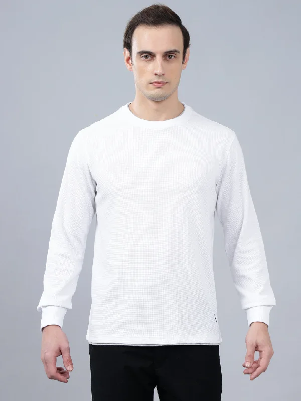 Men's White Self Design Full Sleeves T-shirt For Winter