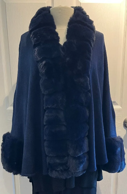 Navy Blue Faux Fur Shawl Coat