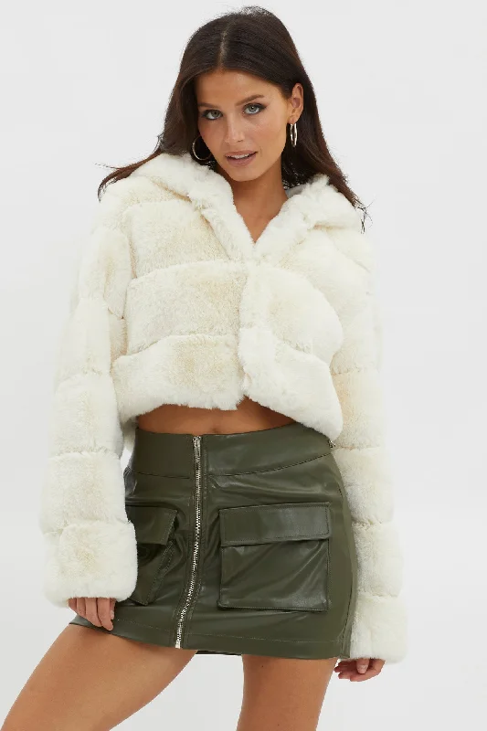 Polina Hooded Faux Fur Jacket Ivory