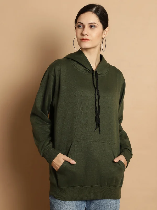 Vimal Jonney Olive Solid Hooded Cotton Fleece Sweatshirt for Women