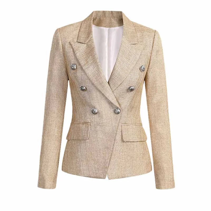 Women's Luxury Fitted Blazer Khaki Lion Buttons Coat Double Breasted Jacket