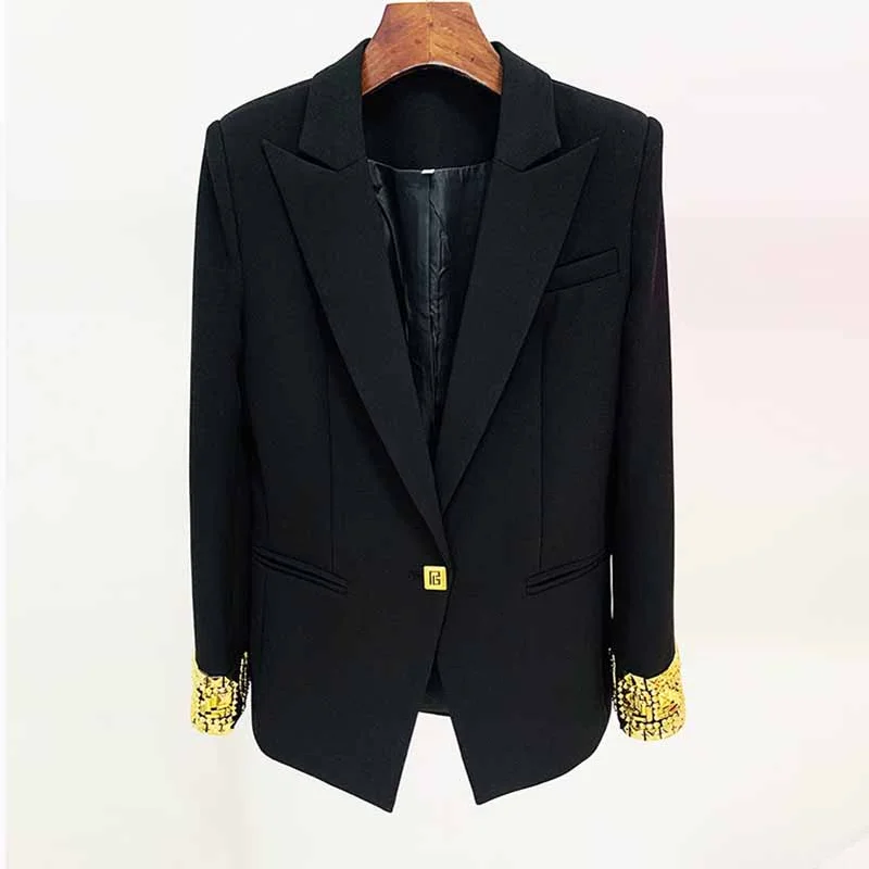 Women's Luxury black One Button Blazer Hand Sewn Golden Metal Studs Mid-length Blazer Coat