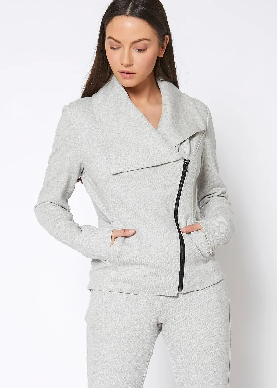 Women's Oversized Collar Zip-Up Moto Jacket In Heather Grey