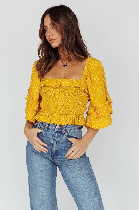 Boardwalk Bell Sleeve Crop Top Spotty Mustard