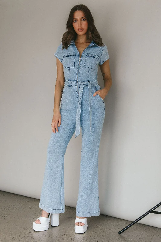 California Girl Short Sleeve Waist Tie Jumpsuit Denim Blue