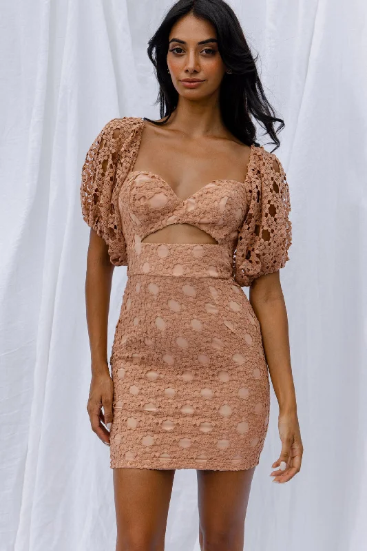 Catch Feelings Sweetheart Neckline Crochet Lace Overlay Dress Mocha