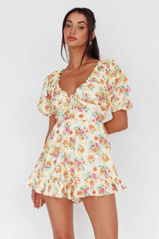 Costa Rica Puff Sleeve Romper Floral Beige