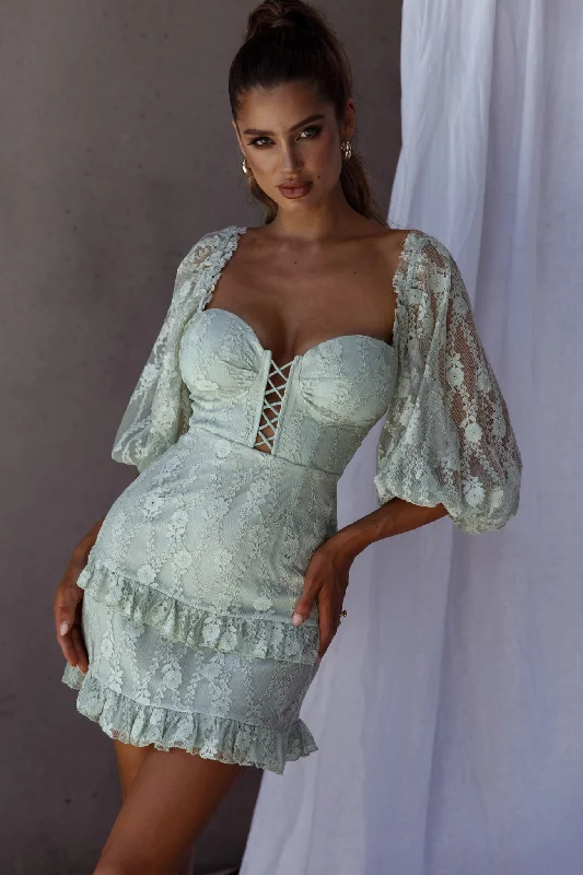 Hemingway Criss-Cross Bust Balloon Sleeve Frill Trim Lace Dress Sage