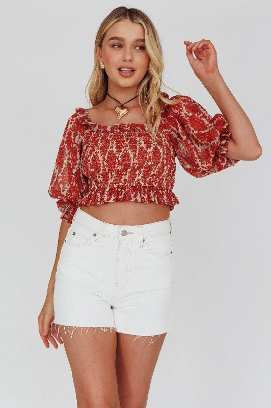 Meet Cute Shirred Bust Off-Shoulder Crop Top Floral Beige