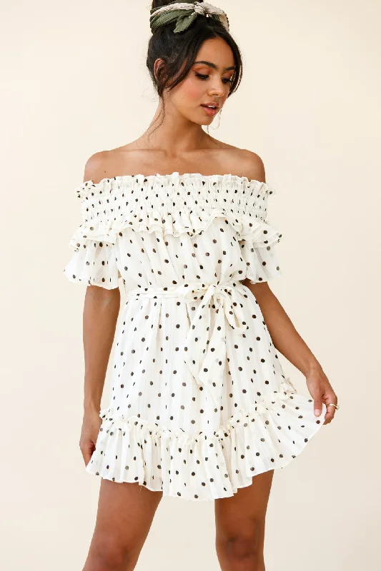 Rita Shirred Off-Shoulder Dress Polka Dot Print White