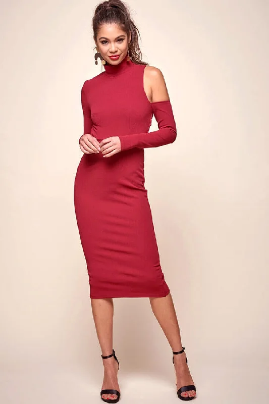 Sofie Asymmetrical cutout Turtle Neck Dress Red