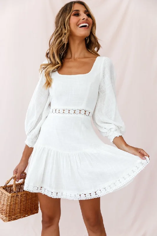 Sweetheart Corset-Back Lantern Sleeve Dress White