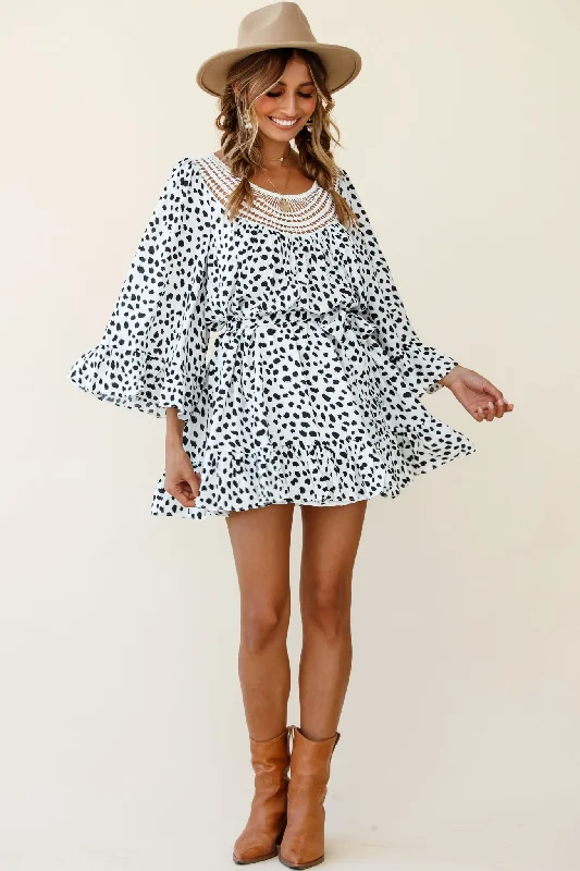 Turn Back Time Long Sleeve Crochet Neckline Dress Animal Print White/Black