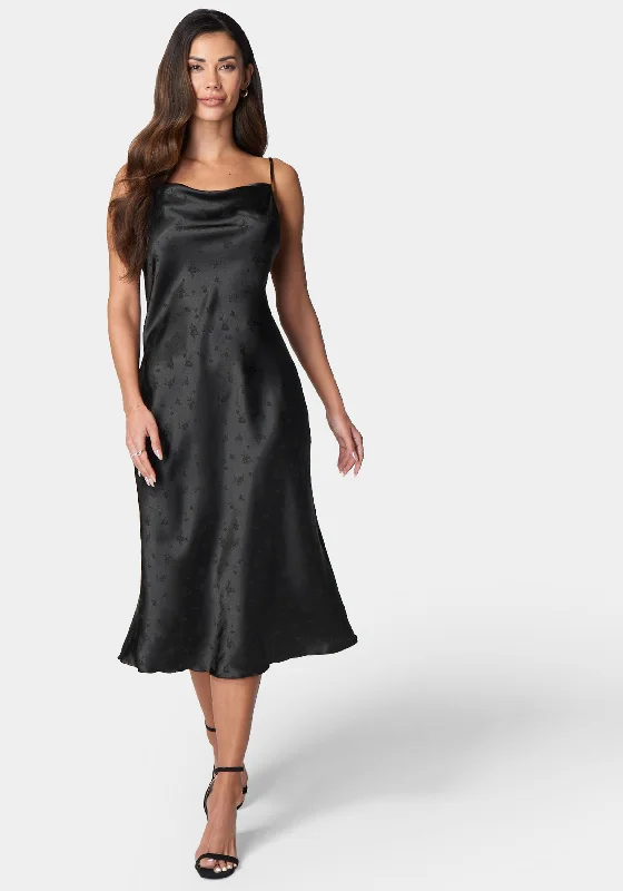 Cowl Neck Midi Satin Jacquard Dress