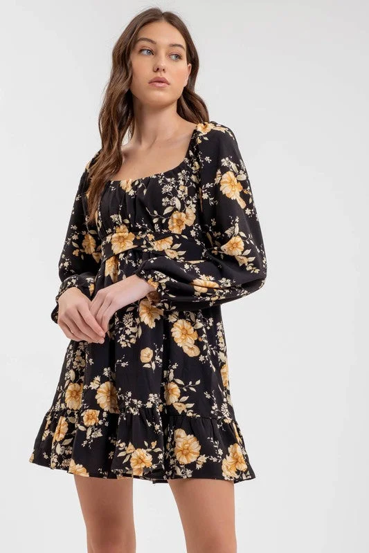 FLORENCE FLORAL LONG SLEEVE BACK TIE MINI DRESS