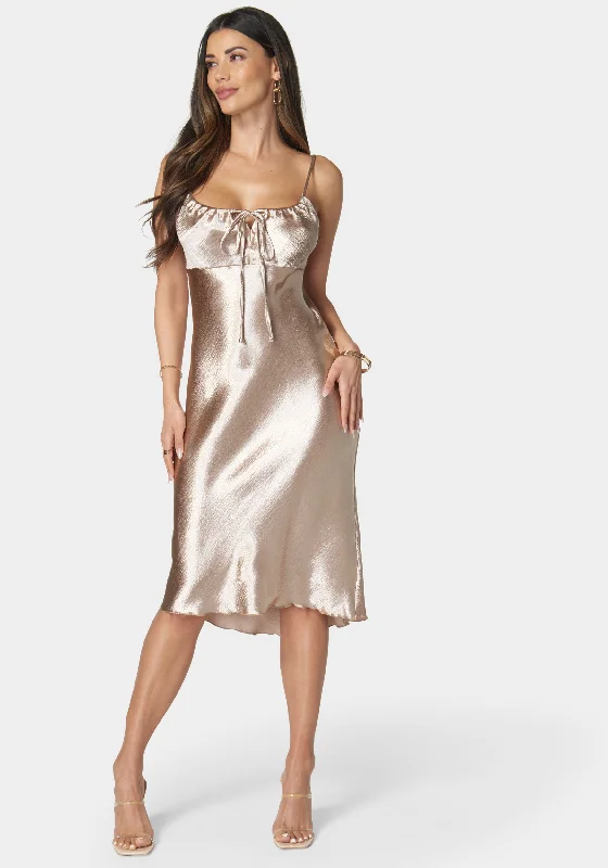 Hammered Satin Rouche Midi Dress With Tie