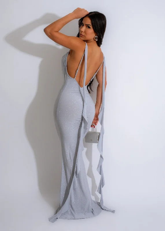 Midnight Cascade Ruched Maxi Dress Grey