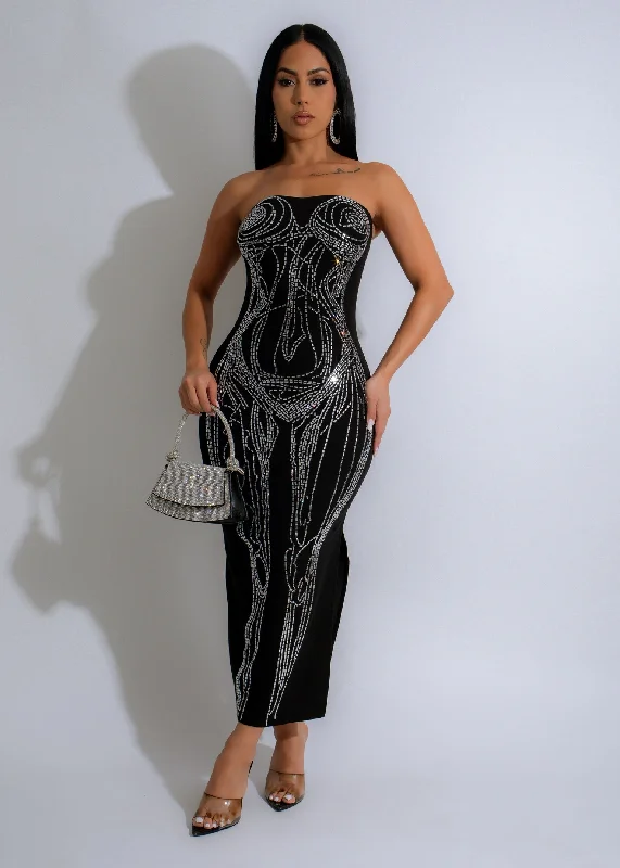 Sculpted Radiance Rhinestone Maxi Dress Black