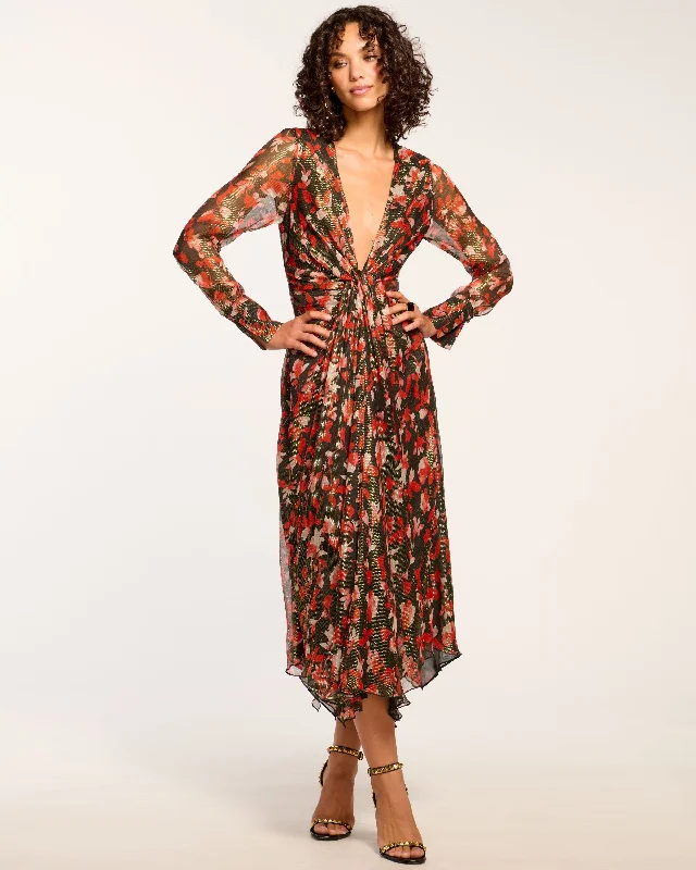 Tatia Plunging Long Sleeve Midi Dress