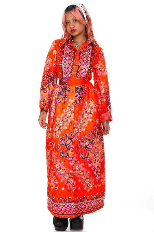 Vintage 70's Bright Orange Pattern Long-Sleeve Maxi Dress - XS/S