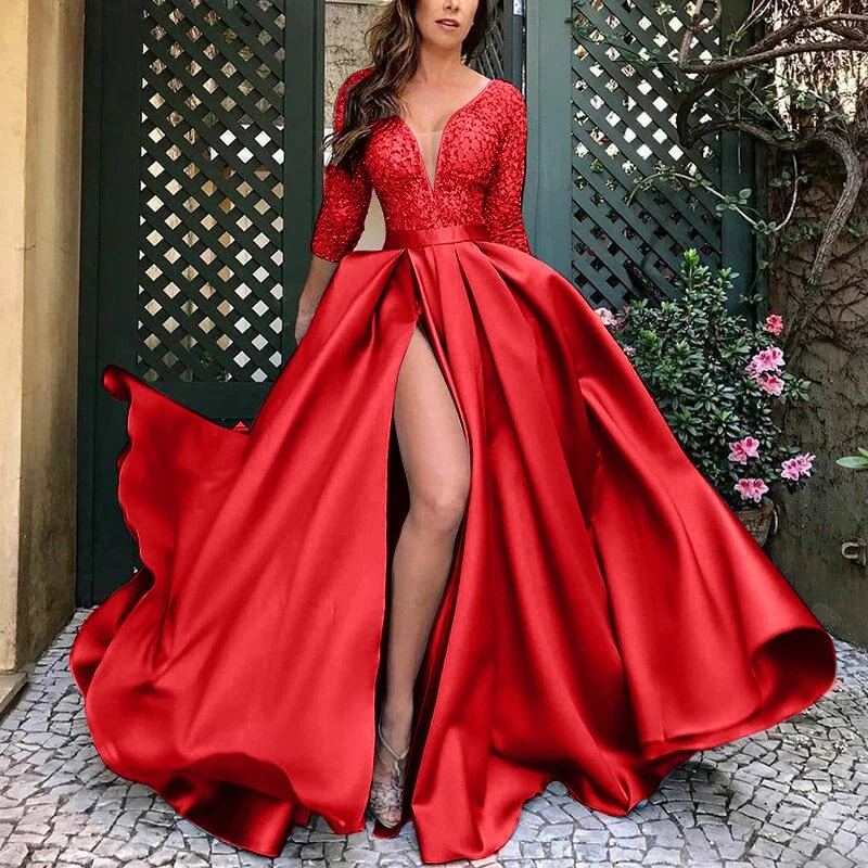 FashionSierra - Solid V-Neck Long Sleeve Celebrity Party Maxi Dress