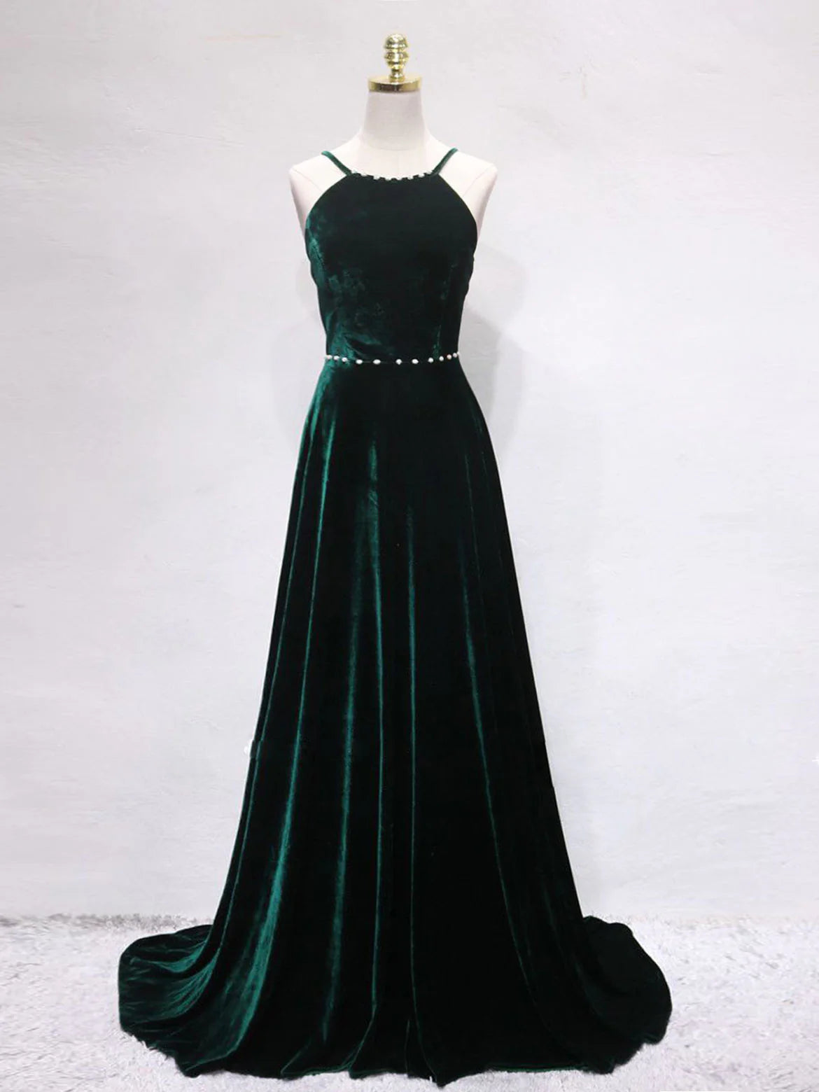 A-Line Backless Green Velvet Long Prom Dresses Green Formal Evening Dresses