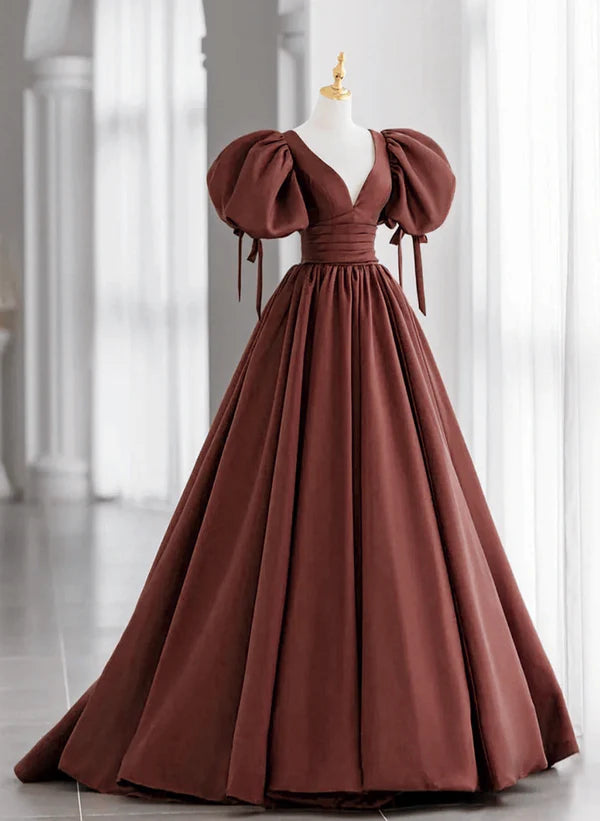 A-Line Brown Satin Ball Gown Short Sleeves Long Party Dress V-neckline Prom Dress