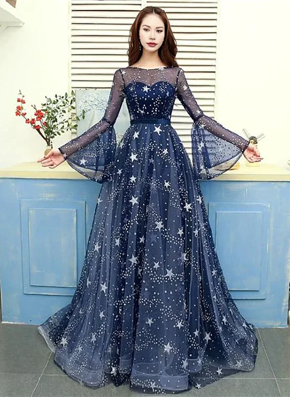 A-line Glitter Tulle Navy Blue Round Neckline Long Party Dress Prom Dress With Sweep Train