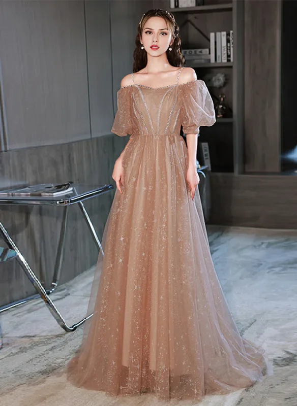 A-Line Princess Glitter Champagne Tulle Off Shoulder Long Party Dress Formal Dress Prom Dress