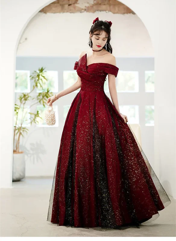 A-Line Princess Sparkling Red and Black Off Shoulder Satin Party Dress Long Evening Dress