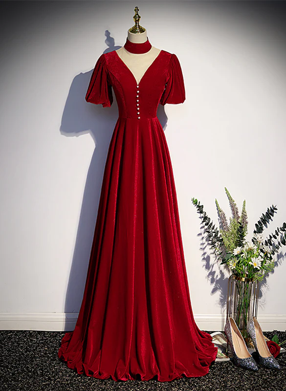 A-Line Red High Neckline Velvet Long Party Dress Short Sleeves Velvet Prom Dress