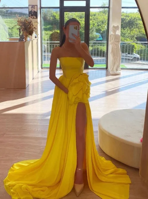 A-Line Strapless High Split Pleated Sleeveless Long Prom Party Dress