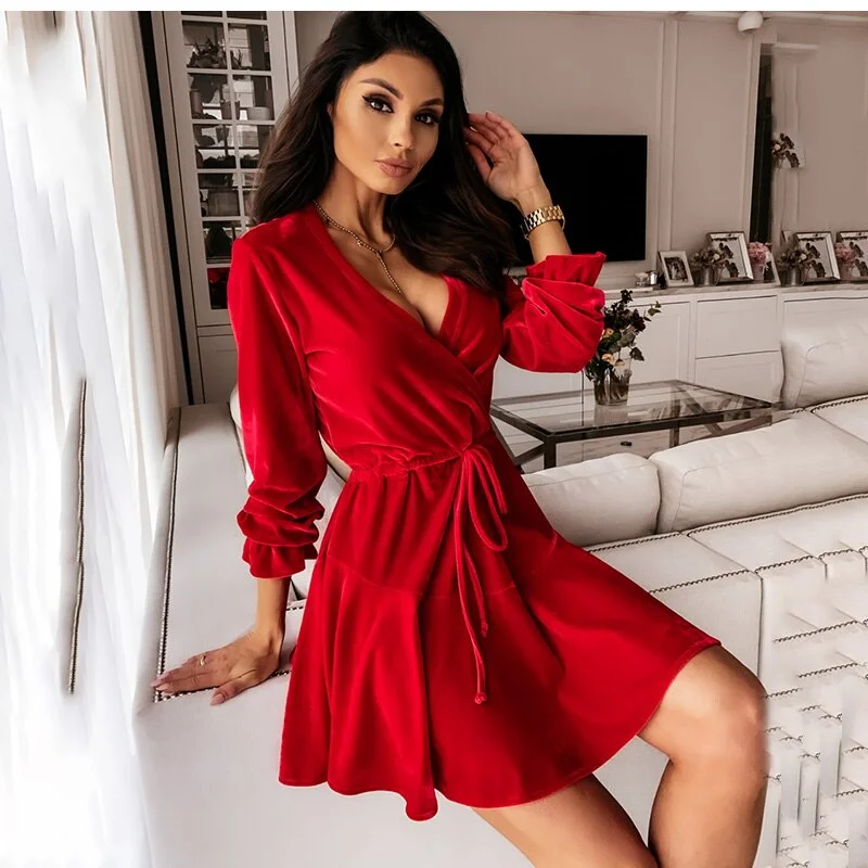 FashionSierra - Casual Long Sleeve V-neck Lace Up Party Dress