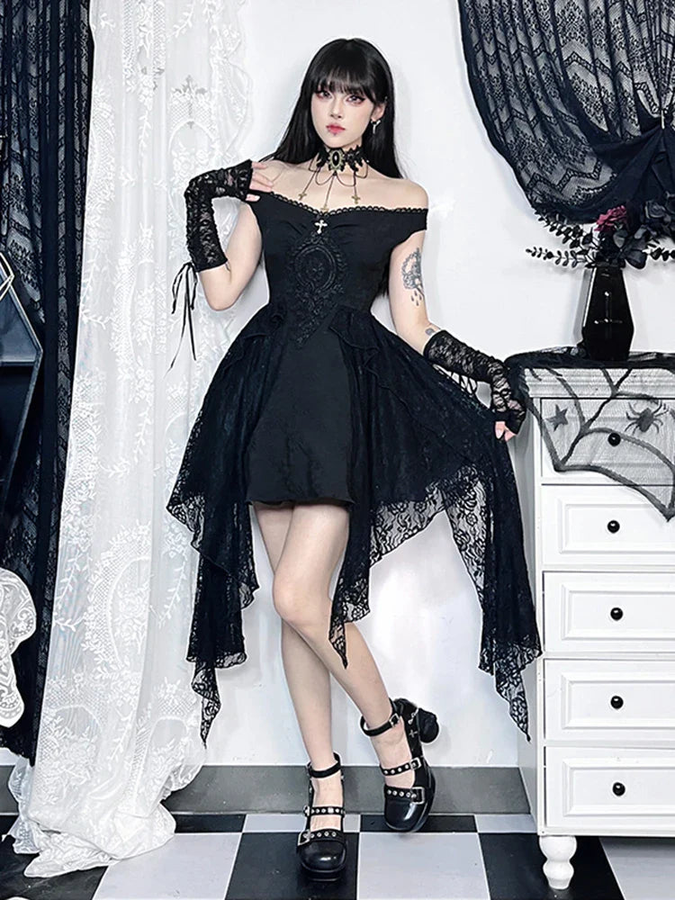 Gothic Folds Corsets A-Line Black Off Shoulder Ball Gown Women Grunge Vintage Aesthetic Harajuku Partywear Dress