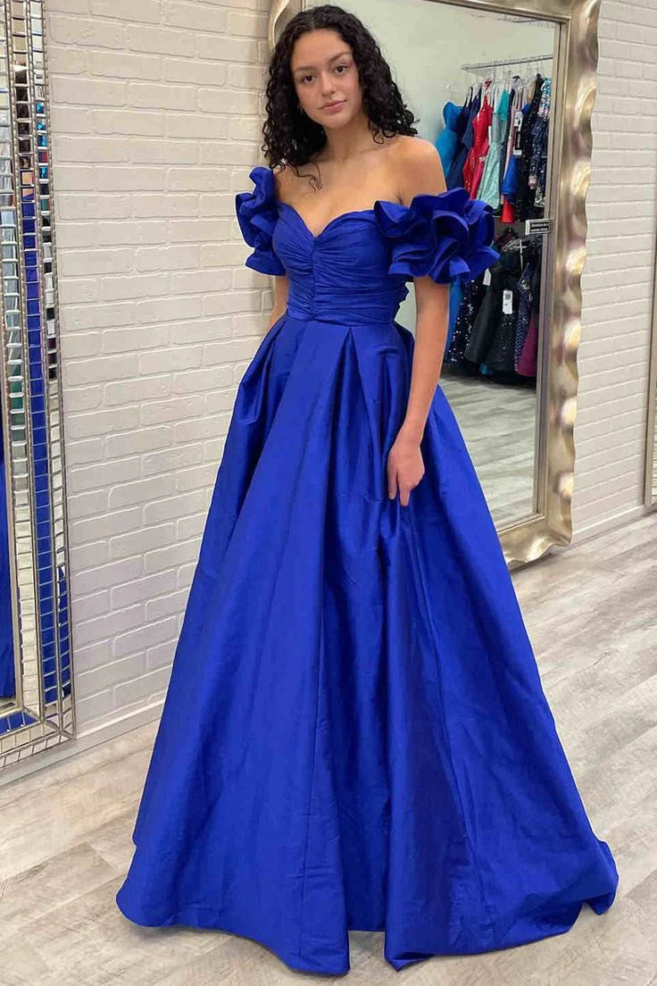 Flower Sleeves A-Line Hot Pink Evening Party Dress Blue Long Satin Prom Dress 2024