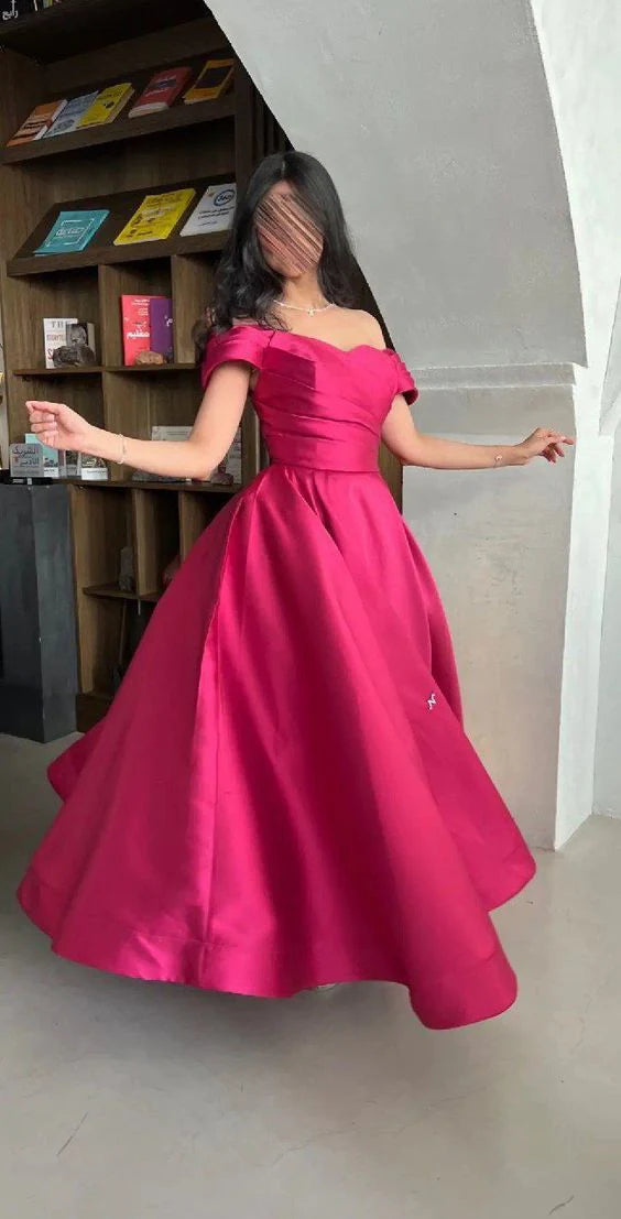 Fuchsia Off The Shoulder A-Line Party Dress Satin Prom Dress 2024