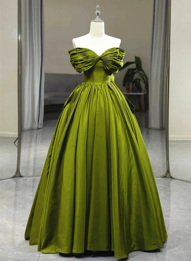 Green A-line Off Shoulder Satin Long Party Dress Green Satin Formal Dress Prom Dress