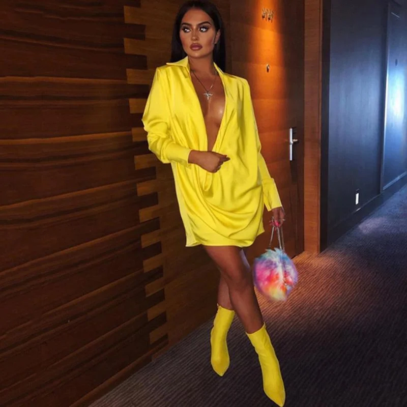 FashionSierra - Low cut v neck shirt dress Women long sleeve draped loose dresses Summer 2019 sexy party dress Yellow vestidos mujer 2019