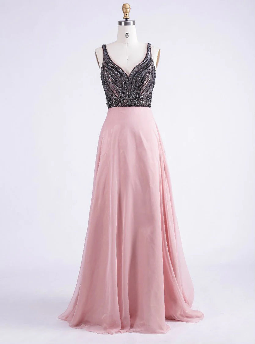 Sweetheart Spaghetti A-line Open Back Chiffon Beading Prom Party Dress