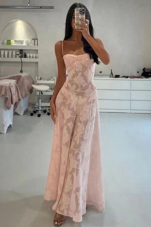 Pink Spaghetti Straps A-Line Prom Gown Evening Dress