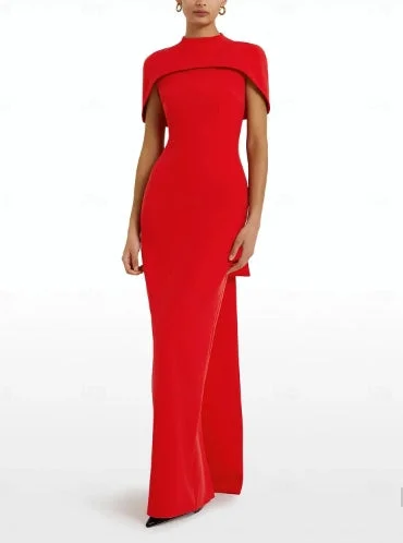 Sheath / Column Evening Gown Formal Sweep / Brush Train Sleeveless Jewel Neck Stretch Crepe