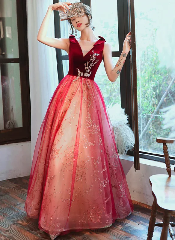 Sparkling A-line Velvet Tulle Long Party Dress Red V-neckline Prom Dress