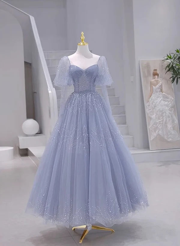 Sparkling Blue Short Sleeves Tulle Long Sweetheart Party Dress A-line Blue Prom Dress