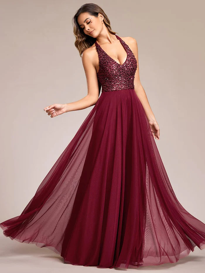 Sparkling Sequin Halter Neck A Line Tulle Evening Dress