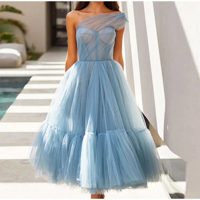 FashionSierra - One Shoulder Tulle Mesh Evening Party A-Line Tutu Dress