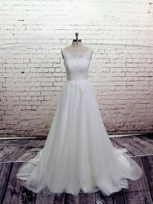 Cheap Lace Straps Scoop Tulle A-line Wedding Dresses Online, WD370