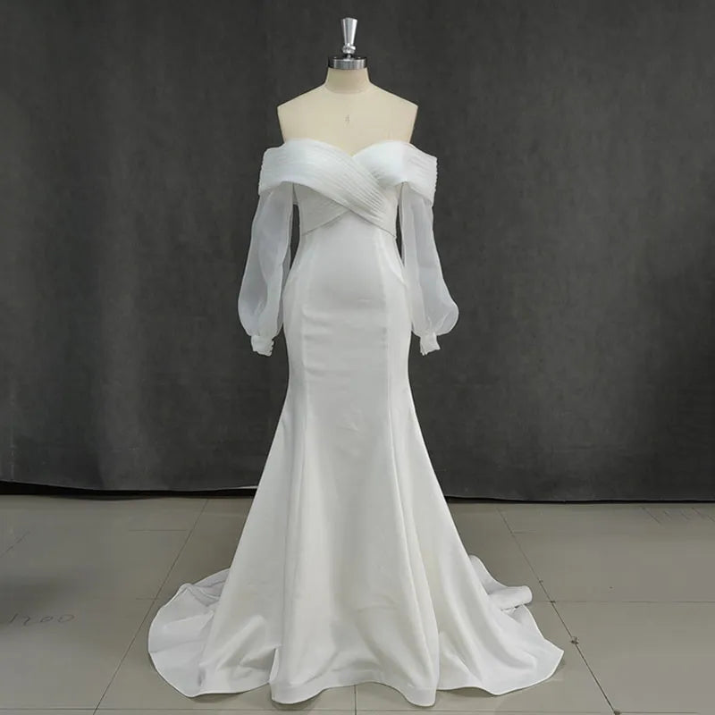 Matt Soft Satin Mermaid Wedding Dresses Off The Shoulder Puff Sleeve Bride Dress Elegant Classic Real Wedding Gowns