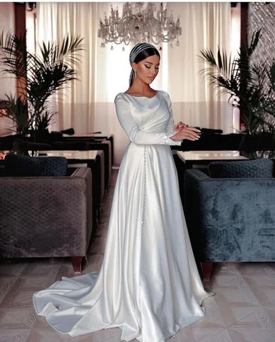 Muslim Wedding Dress Satin A Line Long Sleeve White Bridal Dress vestidos de novia Princess Wedding Gowns Plus Size