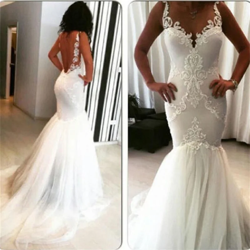 New Mermaid Sexy Backless Strips V-Neck Lace Free Custom  Handmade Wedding Dresses, PD0279