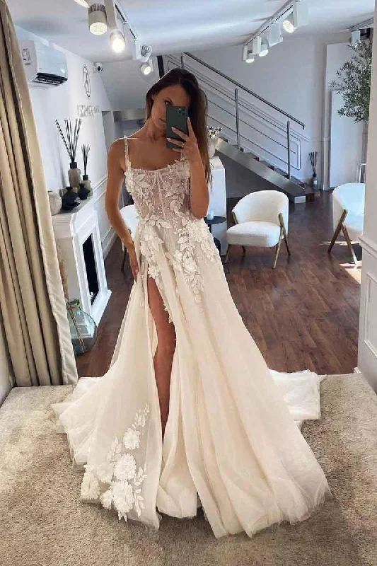 Sexy 3D Lace Wedding Dresses A Line Spaghetti Straps Square Neck Bride Dress Elegant Appliqued Lace Wedding Gowns